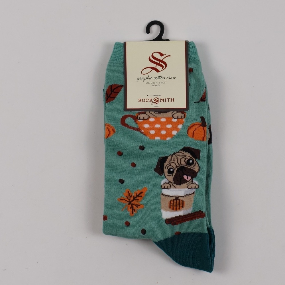 Socksmith Crew Socks Pugkin Spice Latte Green Pug Pumpkin One Size NWT